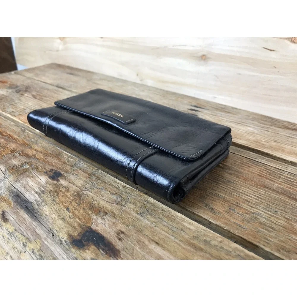 Fossil Vintage Long Bifold Soft Black Leather Wallet Coin Zip EUC